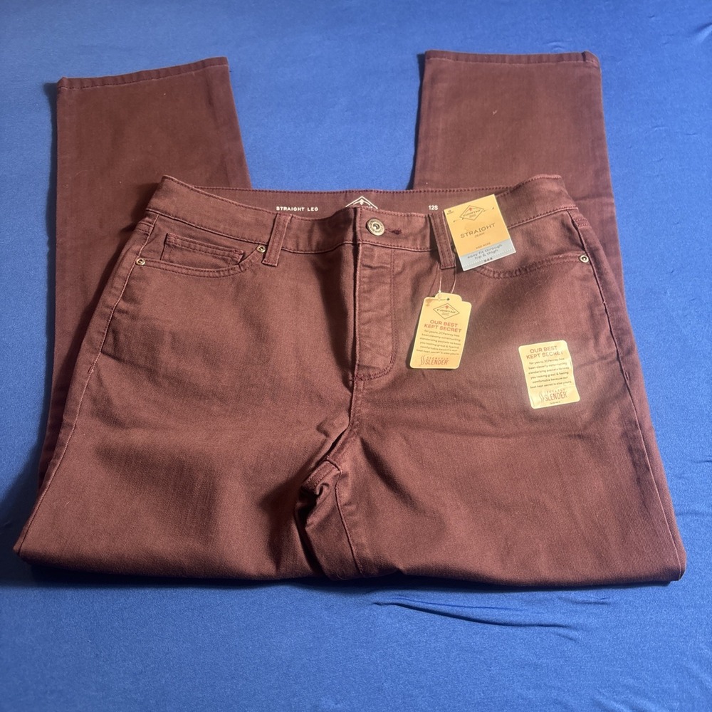 St Johns Bay Sz 12S Women's Jeans Army Maroon Straight Leg Stretch Mid Rise NWT